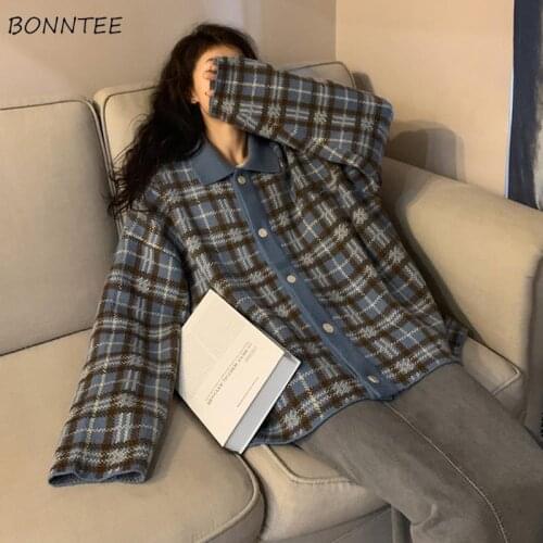 Sweaters Women Retro Korean Plaid Chic College Winter Autumn Basic Ladies Cardigans Vintage Loose Soft Fashion Womens Knitwear