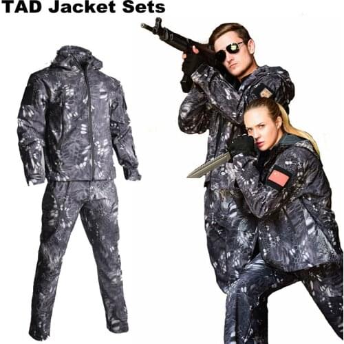 TAD SoftShell Hunting Clothes Tactical Jacket + Pants Military Camouflage Army Suits Mens Hiking Camping Windbreaker Python