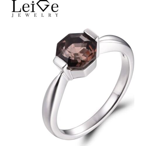Leige Jewelry Natural Smoky Quartz Brown Gemstone Octagon Cut Cocktail Party Solitaire Rings For Woman 925 Sterling Silver