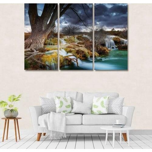 Waterfall under the old tree in the mountains KIT Canvas Painting Modern Home Decoration Living Room Bedroom Wall Decor Picture