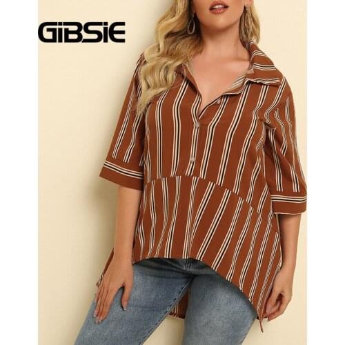 GIBSIE Plus Size Button Front Striped Shirt Women Spring Summer Loose Casual Half Sleeve High Low Top Blouse Large Size 4XL