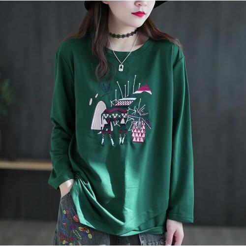 Women T-shirt Spring Retro Casual All-match Tops 2021 New Women T-shirt irregular Embroidery Loose Pullovers Vintage Tops