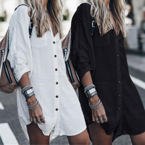 Meihuida 2021 Summer Solid Shirts Holiday Loose Button Blouse Ladies Summer Beach Mini Sun Blouses Tops