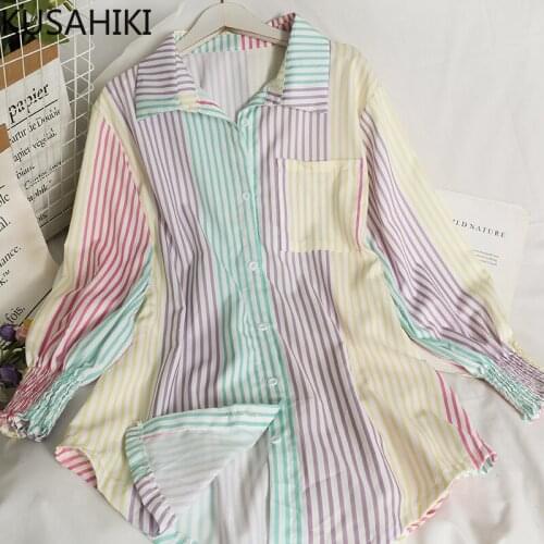 KUSAHIKI Korean Hit Color Stripe Medium-long Blouse Tops Causal Turn-down Collar Woman Shirts 2021 Autumn New Blusas Mujer 6K968