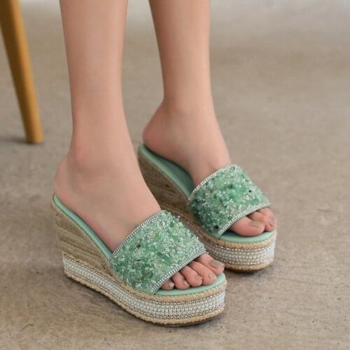 Slope Heel 12CM Thick Bottom Sexy Non-Slip Wear-Resistant Ladies Fish Mouth Shoes Summer Rhinestone Beach Slipper For Outer Wear