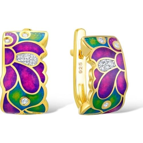 2021 New Handmade Enamel Jewelry Noble Yellow Gold Color Stud Earrings for Women Ladies 925 Silver CZ Earring Fine Jewelry