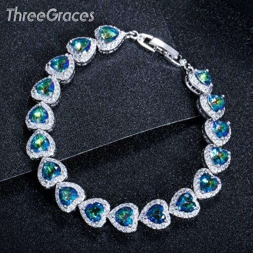 ThreeGraces Luxury Cubic Zircon Jewelry Light Blue Mystic Fire Heart Crystal Tennis Bracelets Bangle for Women Party Gift BR100