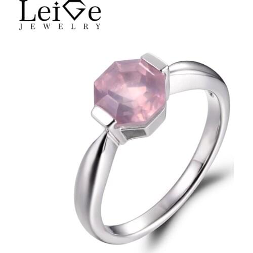 Leige Jewelry Natural Pink Quartz Gemstone 925 Sterling Silver Engagement Solitaire Rings For Woman