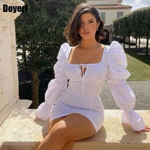 Women Long Sleeve Sexy Bodycon Mini Dress Sexy Club Wear Party Dress 2021 Elegant Puff Sleeve Square Neck White Evening Dresses