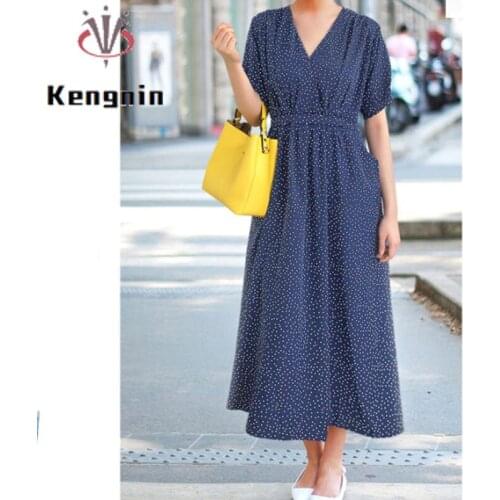 2021 Summer Dress Women Oversize Dresse Dot Print V-Neck Office Lady Work Vestidos Short Sleeve Cotton Polyester Dresses KE1319