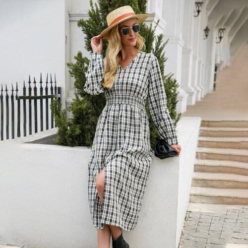 Large Slit Hem Elasticity Waist Holiday Beach Female Mid-length Dress Plaid Print Autumn Long Sleeves V-neck Sexy Women Dresses