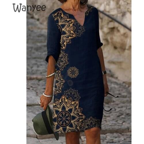 2021 Womens New Summer Folk-Custom Mid Sleeve Vintage Loose Printed Comfortable Dress Sexy Straight Elegant Streetwear V-Neck