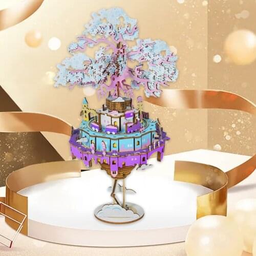3D Wooden Puzzles DIY City in The Sky Music Box Fun and Educational Model Toys, Birthday Gift for Kids Boys and Girls