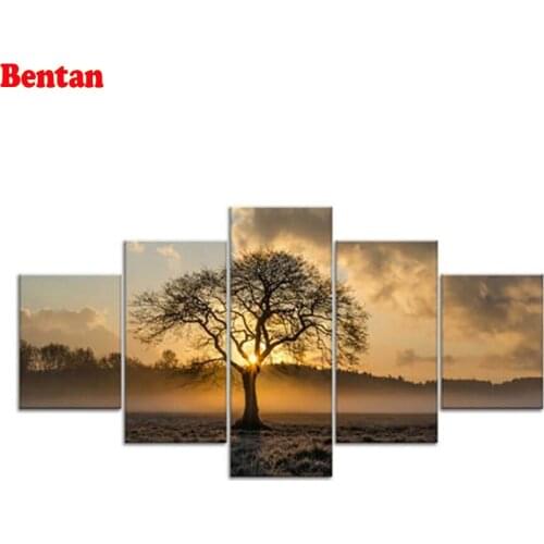 Free Shipping 5d diamond embroidery Tree Sunrise Scenery diy painting rhinestone 5 pieces diamond Pictures for Living Room Decor