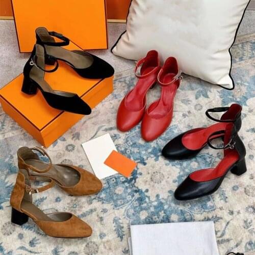 Genuine Leather Sandals Women Ankle Strap Lock Mid-heels Suede Sandal Woman Top Quality Luxury Brand New Design Shoes for Woman