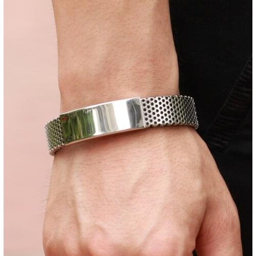 19Cm Europe And America Bracelets For Man Pu Leather Black Stainless Steel Fashion Simple Honeycomb Gift Boyfriend Jewelry