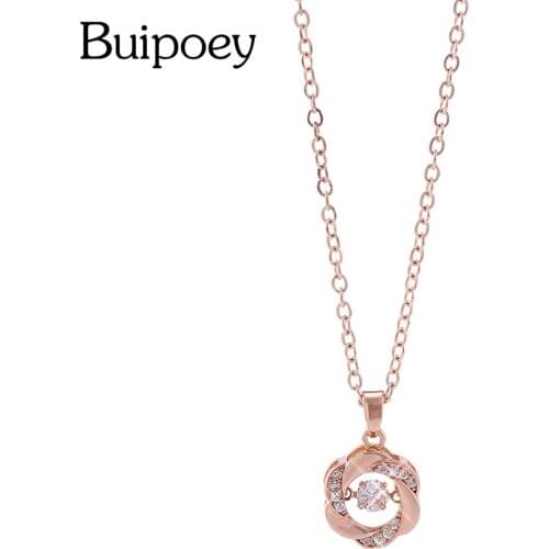 Buipoey Rose Pendant Stainless Steel Necklace For Women Original Fine Crystal Flower Charm Necklace Girl Collar Lover Gift