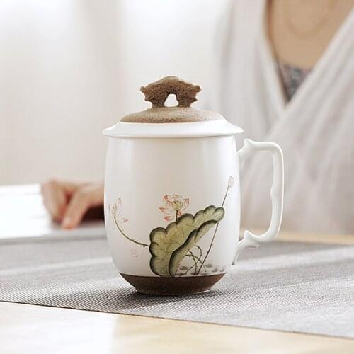 Jingdezhen hand-painted ceramic cups with cover office cup large-capacity Mug cup individual office drinkware cup 400cc