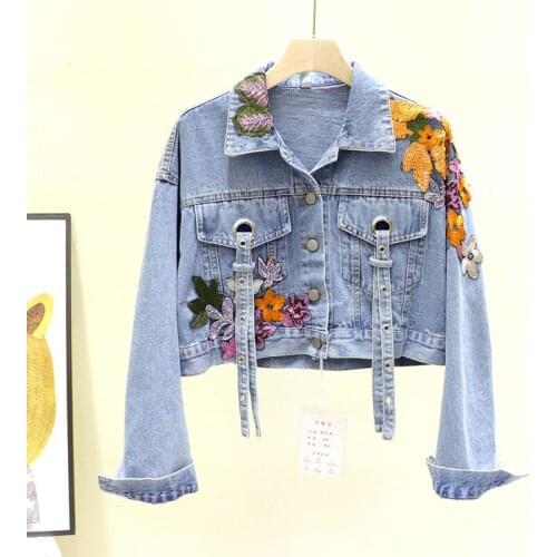 Spring Autumn Sequins and Embroidery Short Denim Jackets Loose Havey Decor Oversize High Waist Jean Jacket Street Style Clothes