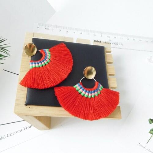 HC Bohemian Fan Shaped Big Statement Earrings Ethnic Colorful Jewelry Women Cotton Tassel Drop Earrings Long Fringed Earrings W