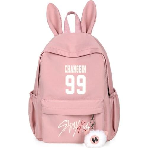 StrayKids Canvas Backpack Korean Kpop Culture Stray Kids Character Print Rabbit Ear Cute Girl Women Campus Shoulder Bags School