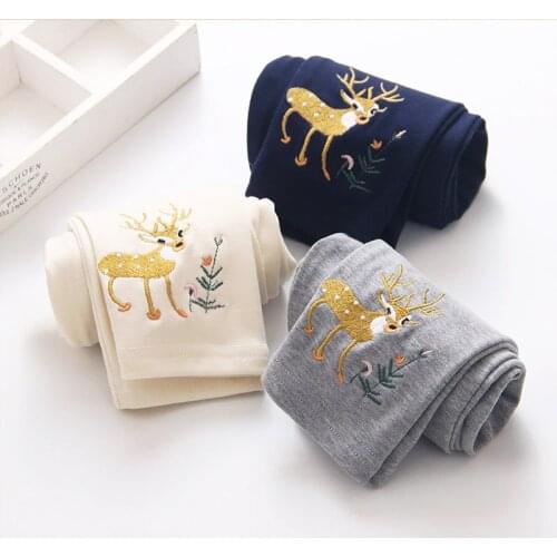 Baby Girl Legging Pants Casual Cotton Elastic Waist Fawn Embroidery Leggings for Girl Toddler Child Cartoon Trousers Autumn New