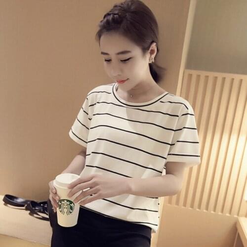 Summer new Korean womens T-shirt fashion loose large size striped short-sleeved T shirt casual round neck tops female Tshirt