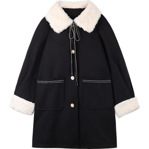 Fashion Winter Black Outerwear Female 2021 New Woolen Coat Women Loose Coats 4XL Cotton Coat Lambswool Retro Casaco Feminino