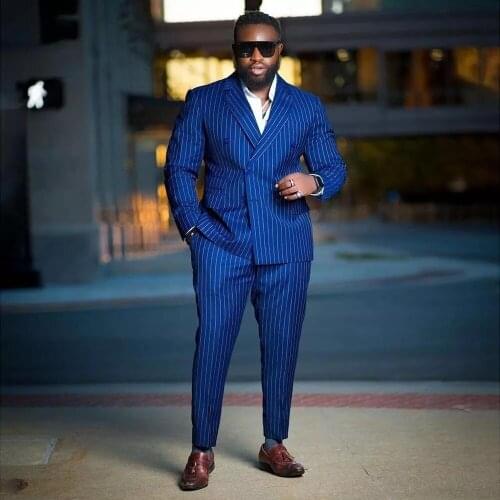 Costume Homme Plus Size Blue Vertical Stripe Wedding Men Suits Party Prom Slim Fit Tuxedo Groom Terno Masculino Blazer 2 Pcs