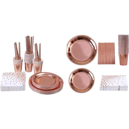 Rose Gold Disposable Foil Plates Napkin Cups Set Bridal Shower Anniversary Party