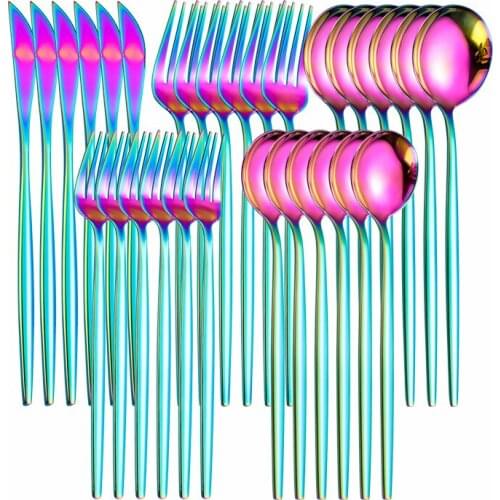 Stainless Steel Cutlery Set Knife Fork Spoon Kitchen Dinnerware Tableware Set Dinner rainbow Dinnerware Set 30Pcs/lot