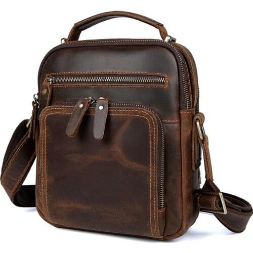 Nesitu High Quality New Vintage Small Brown Thick Genuine Crazy Horse Leather Men Messenger Bags Cross Body Shoulder Bag M1063