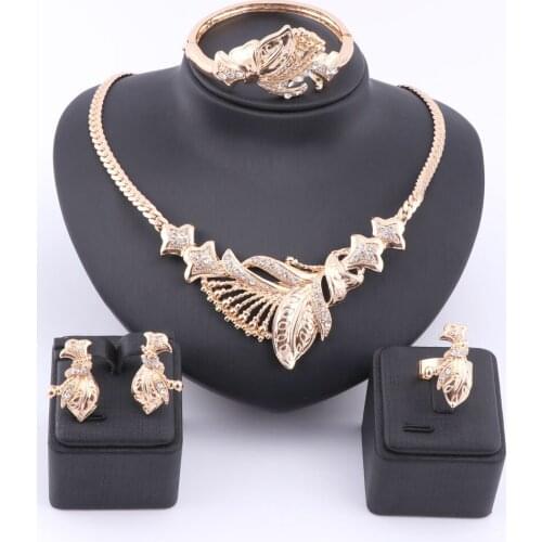 Charming Lady Fashion Necklace Bangle Earring Ring Wedding Jewelry Set Classic Crystal African Gold Color Jewelry Sets