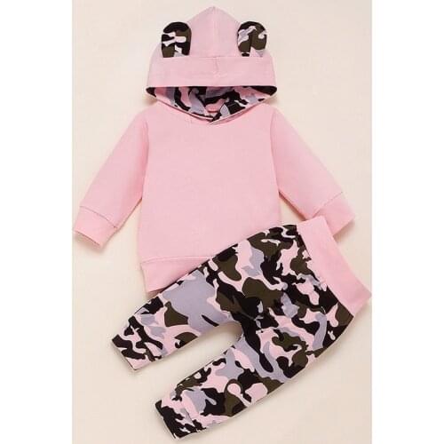 Baby Girl Clothes Toddler Newborn Pink Pantchwork Hooded Long Sleeve Top Clothing Outfit Set Camouflage Pants Autumn Clothes