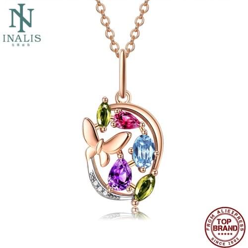 INALIS Butterfly Necklace For Women Colorful Zircon Rose Gold Necklaces Fashion Jewelry Romantic Anniversary Gift To Girlfriend