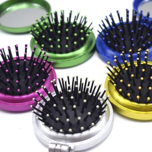 1 pc Colorful Girls Portable Mini Folding Comb Airbag Massage Round Travel Hair Brush With Mirror Plastic Hair Accessories