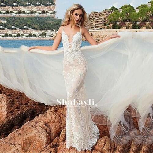 Luxury Mermaid Wedding Dresses Sleeveless Tulle Detachable Train 2 In 1 Lace Applique Wedding Gowns V-neck Backless Tailor-Made
