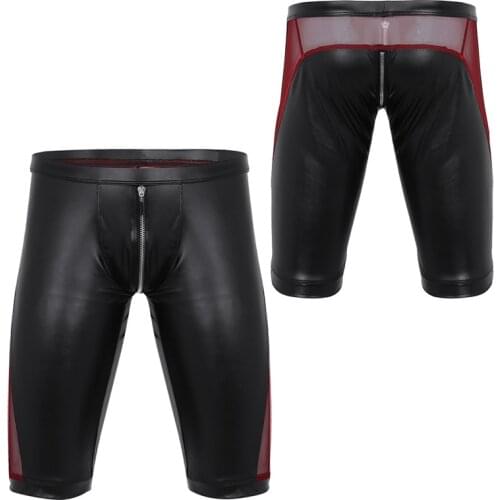 YiZYiF Men Soft Faux Leather Shorts Fashion Mesh Splice boxer Shorts Zipper Crotch Low Rise Slim Fit Tight Boxer Shorts