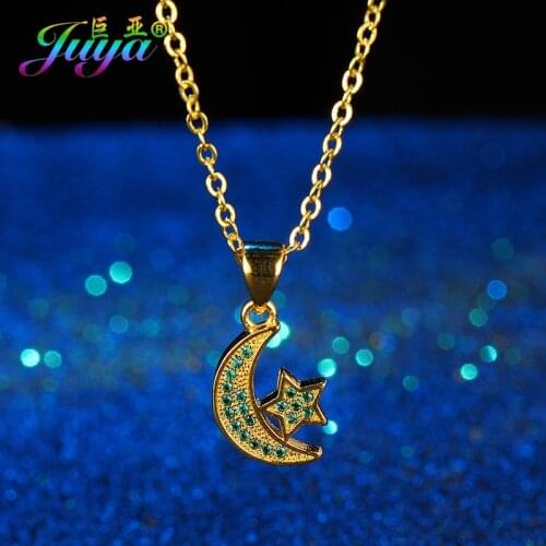 Juya Fashion Religious Islamic Jewelry Supplies Muslim Allah Moon Star Crescent Pendant Necklace For Women Men Prayer Jewelry