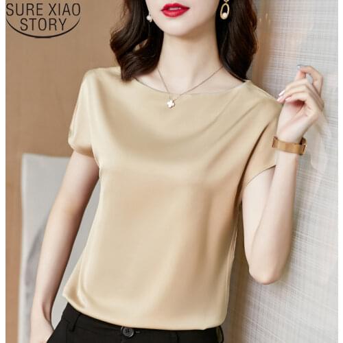 Satin Blouse Women Shirts Fashion Office Lady Tops Summer Short Sleeve Blouses Simple Solid Plus Size Loose Shirt Blusas 13377