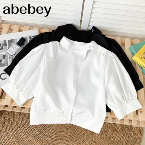 French stand collar puff sleeve Shirt asymmetric design two button high waist short solid Shirt Top 2021 New Summer Women