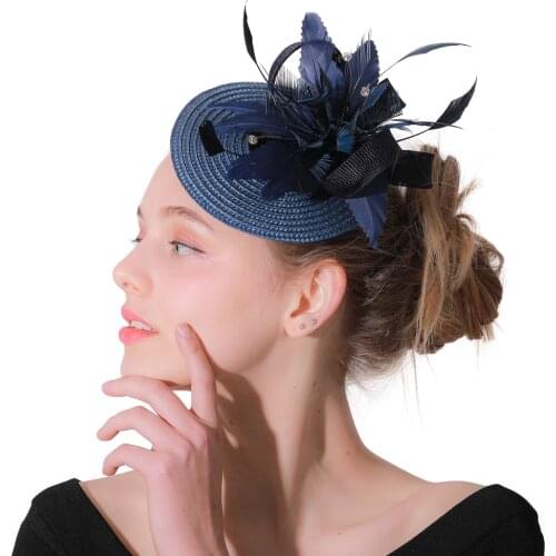 Navy Feather Flowers Fascinator Party Hats Womens Hair Accessories Bridal Hair Ornaments Headwear Elegant Ladies Race Headpieces