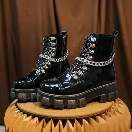 2020 Winter Women Fashion Ankle Boots Chunky Gladiator Shoes Brand Womens Patent Leather Platform Boots Black Woman Chain Boots