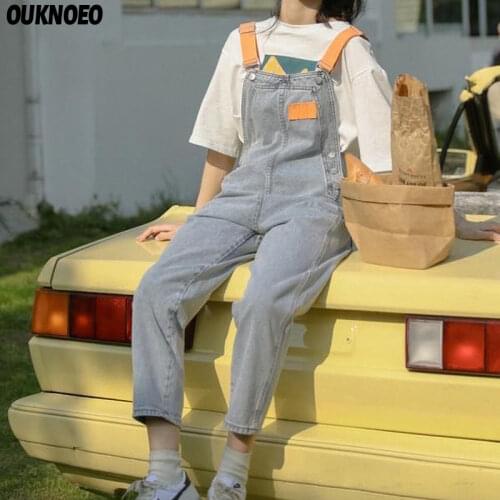 Womans Denim Jumpsuits Korean Preppy Style High Waist Denim Trousers Straight Loose Girly Casual Big Pocket 2021 Women Overalls