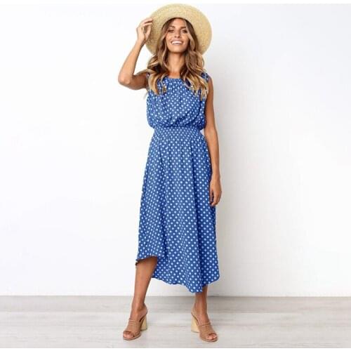 Fashion Print Polka Dot Round Neck Women Dresses Bohemian Sleeveless Print Summer Dress