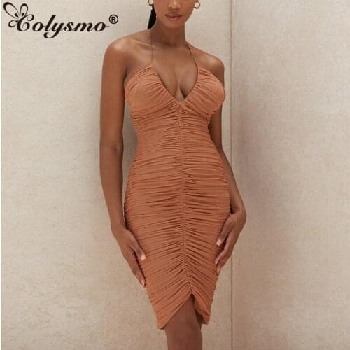 Colysmo Summer Mesh Dress Women Low Cut V-neck Ruched Bodycon Sexy Dress Woman Party Nigh Wear Club Dresses 2020 Summer Vestidos