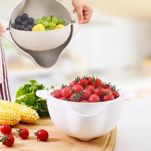 2-in-1 Multifunction Kitchen Colander/Strainer Bowl Set Mixing Fruits Vegetables Double Layered Rotatable Drain Basket Washing