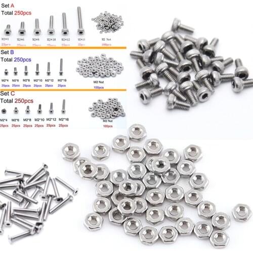 250pc/set M2 Cap/Button/Flat Head A2 Stainless Steel Hex Socket Screws Bolt With Hex Nuts Assortment Kit