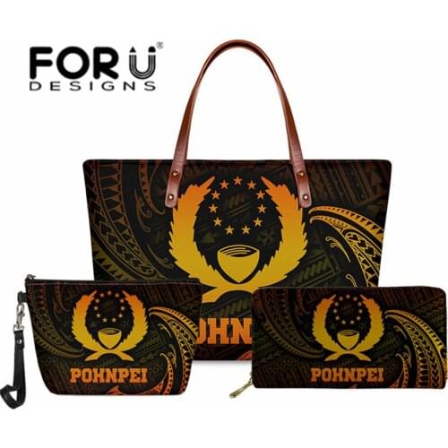 New Style Women Zipper Handbag 3pcs Set Pohnpei Polynesian Print Brand Design Leather Purse Lady Beach Shoulder Bag Large Totes