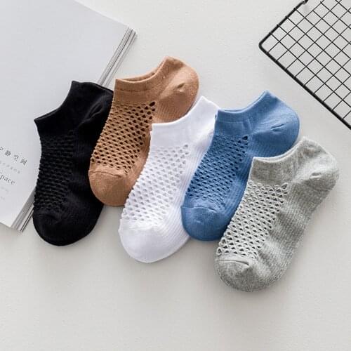 5 Pairs/Lot New Mens Socks Fashion Hollow Out Mesh Breathable Summer Cotton Short Socks Solid Color Male Boat Socks Multi-Color